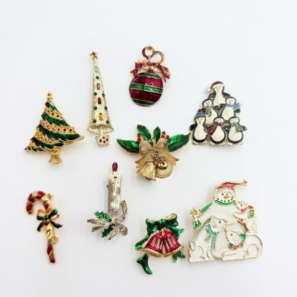 Vintage 9 Christmas Brooch Pin assortment Christmas Tree, Bells Candycane Lots - Picture 1 of 11